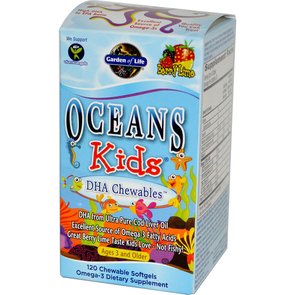 Garden of Life, Oceans Kids, masticables con DHA, 3 años en adelante, lima y bayas, 120 cápsulas blandas masticables