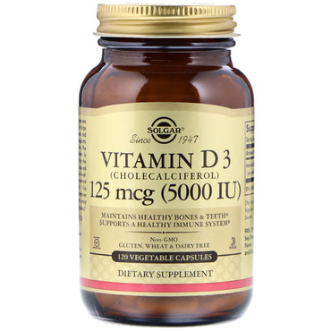 Solgar, Vitamina D3 (Colecalciferol), 125 mcg (5000 UI), 120 Cápsulas Vegetales