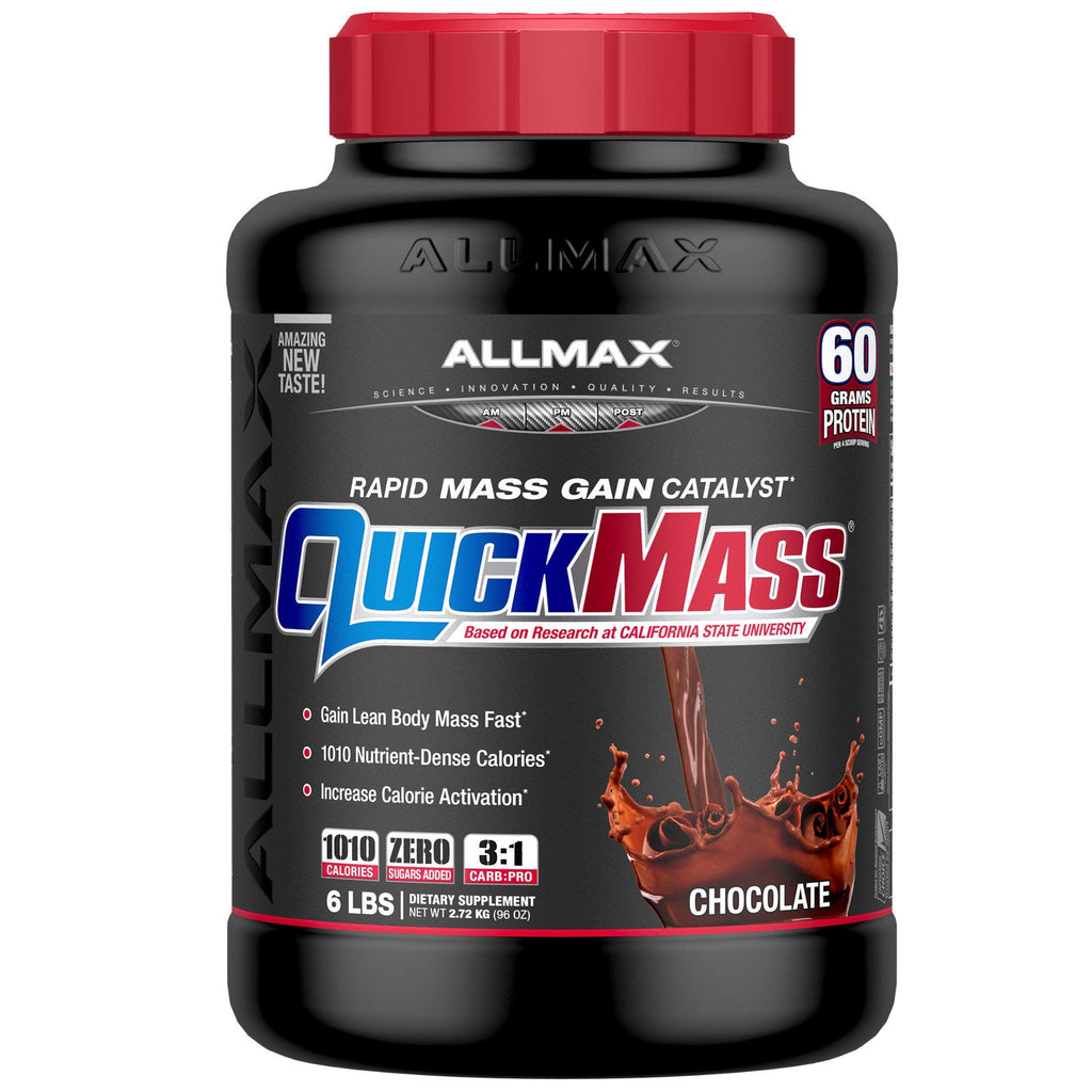 โภชนาการ ALLMAX, QuickMass, ตัวเพิ่มน้ำหนัก, ตัวเร่งปฏิกิริยาเพิ่มมวลอย่างรวดเร็ว, ช็อคโกแลต, 6 ปอนด์ (2.72 กก.)