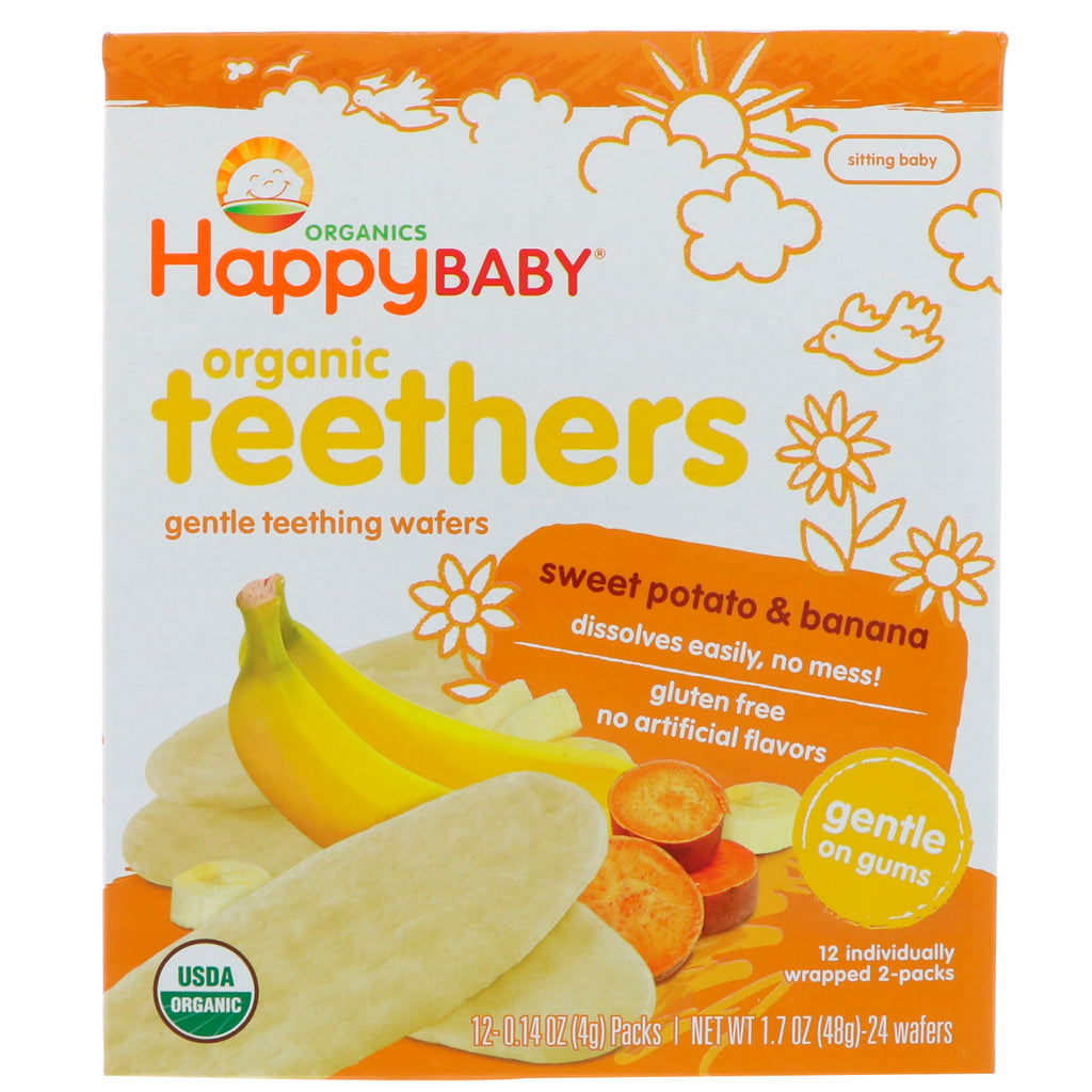 Nurture Inc. (Happy Baby), Mordedores, obleas suaves para la dentición, batata y plátano, 12 paquetes, 4 g (0,14 oz) cada uno