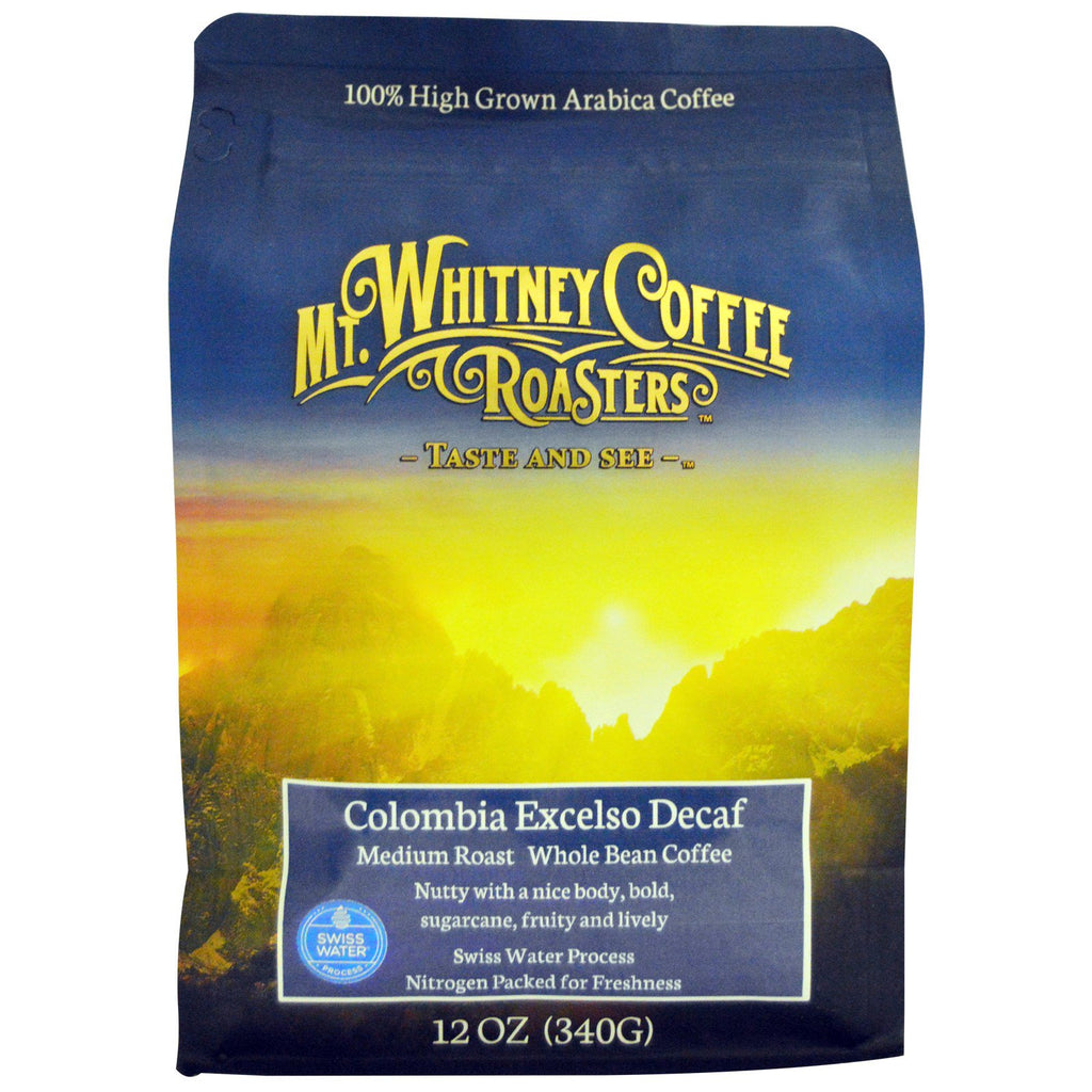 Mt. Whitney Coffee Roasters, Columbia Excelso منزوعة الكافيين، حبوب القهوة الكاملة، تحميص متوسط، 12 أونصة (340 جم)