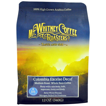 Mt. Whitney Coffee Roasters, Columbia Excelso منزوعة الكافيين، حبوب القهوة الكاملة، تحميص متوسط، 12 أونصة (340 جم)