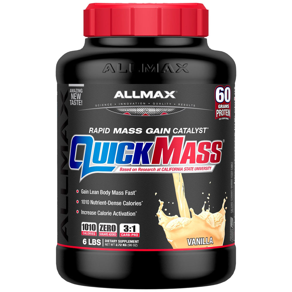 โภชนาการ ALLMAX, QuickMass, ตัวเพิ่มน้ำหนัก, ตัวเร่งปฏิกิริยาเพิ่มมวลอย่างรวดเร็ว, วานิลลา, 6 ปอนด์ (2.72 กก.)