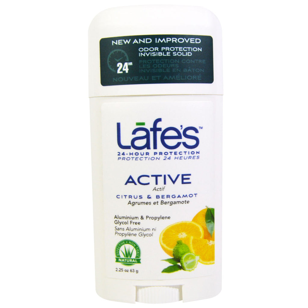 Lafe's Natural Body Care, Activo, Protección contra olores Sólido invisible, Cítricos y bergamota, 2,25 oz (63 g)