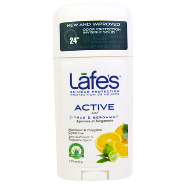 Lafe's Natural Body Care、アクティブ、臭気保護インビジブルソリッド、シトラス & ベルガモット、2.25 オンス (63 g)