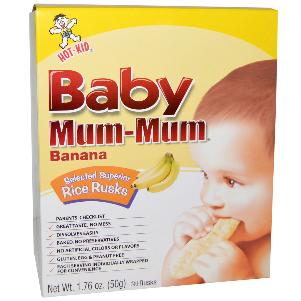 Hot Kid, Baby Mum-Mum، بقسماط أرز فاخر مختار، موز، 24 بقسماط، 1.76 أونصة (50 جم)