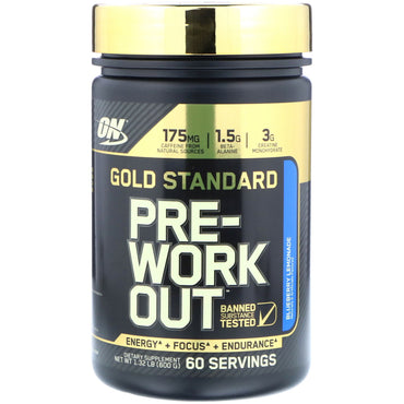 Optimum Nutrition, Gold Standard, preentrenamiento, limonada de arándanos, 1,32 lbs (600 g)