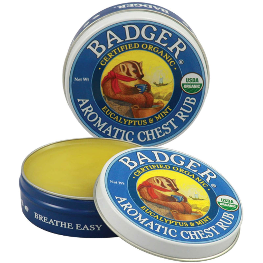 Badger Company, aromatische borstwrijf, eucalyptus en munt, .75 oz (21 g)