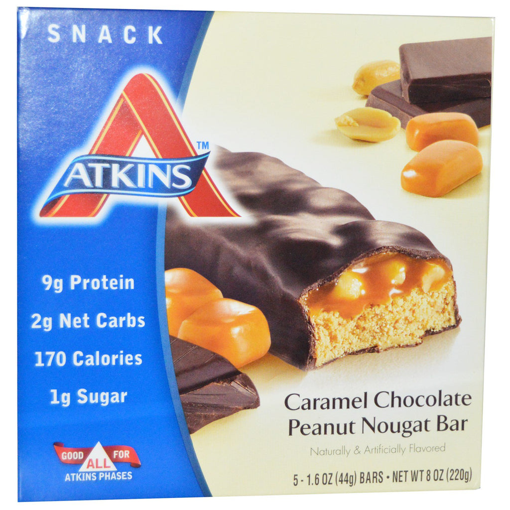 Atkins, キャラメル チョコレート ピーナッツ ヌガー バー、5 本、各 1.6 オンス (44 g)