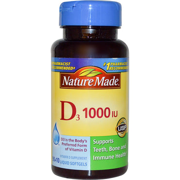 Nature Made, vitamina D3, 1000 UI, 90 + 10 cápsulas blandas líquidas