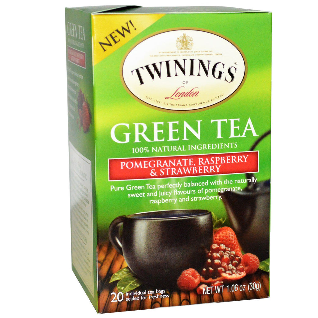 Twinings, zielona herbata, granat, malina i truskawka, 20 torebek herbaty, 1,06 oz (30 g)