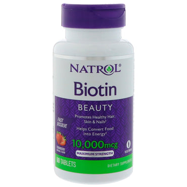 Natrol, biotin, jordbærsmag, 10.000 mcg, 60 tabletter