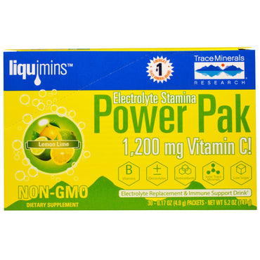 Trace Minerals Research, Eletrólito Stamina, Power Pak, 1.200 mg, Limão-limão, 30 Pacotes, 4,9 g (0,17 oz) Cada