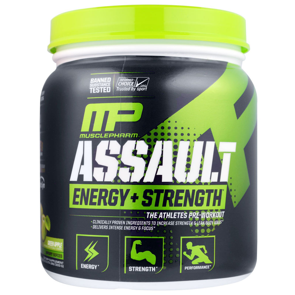 MusclePharm, Assault, אנרגיה + כוח, טרום אימון, תפוח ירוק, 11.75 אונקיות (333 גרם)