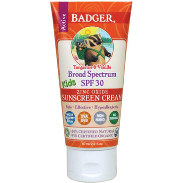 Badger Company Active Kids Crema protectora solar con óxido de zinc SPF 30 Mandarina y vainilla 2,9 fl oz (87 ml)