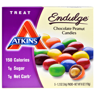 Atkins, Treat Endulge, caramelos de chocolate y maní, 5 paquetes, 1,2 oz (34 g) cada uno