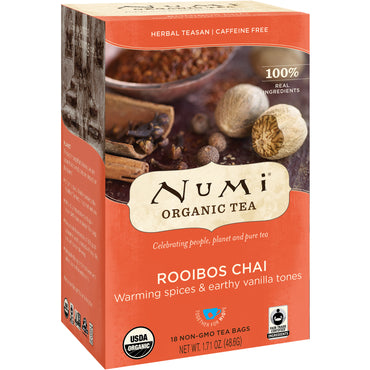 Numi Tea,  Tea, Herbal Teasans, Rooibos Chai, Caffeine Free, 18 Tea Bags, 1.71 oz (48.6 g)