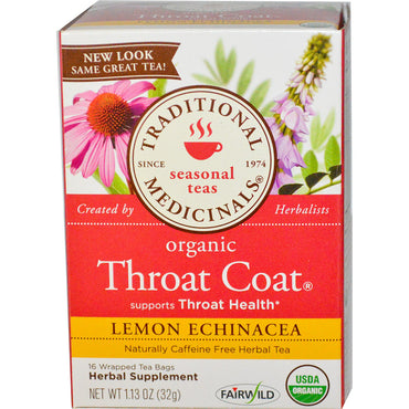 Traditional Medicinals, Seasonal Teas,  Throat Coat, Naturally Caffeine Free, Lemon Echinacea, 16 Wrapped Tea Bags, 1.13 oz (32 g)