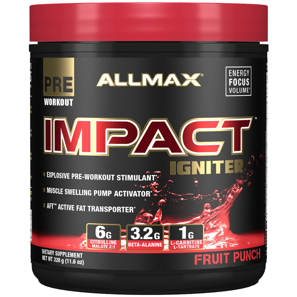 ALLMAX Nutrition, IMPACT Igniter, pre-antrenament, malat de citrulină + beta-alanină + NAC, punch cu fructe, 11,6 oz (328 g)