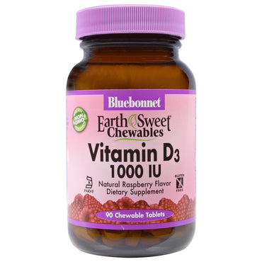 Bluebonnet nutrition, earth sweet masticabile, vitamina d3, 1000 ui, aromă naturală de zmeură, 90 tablete masticabile