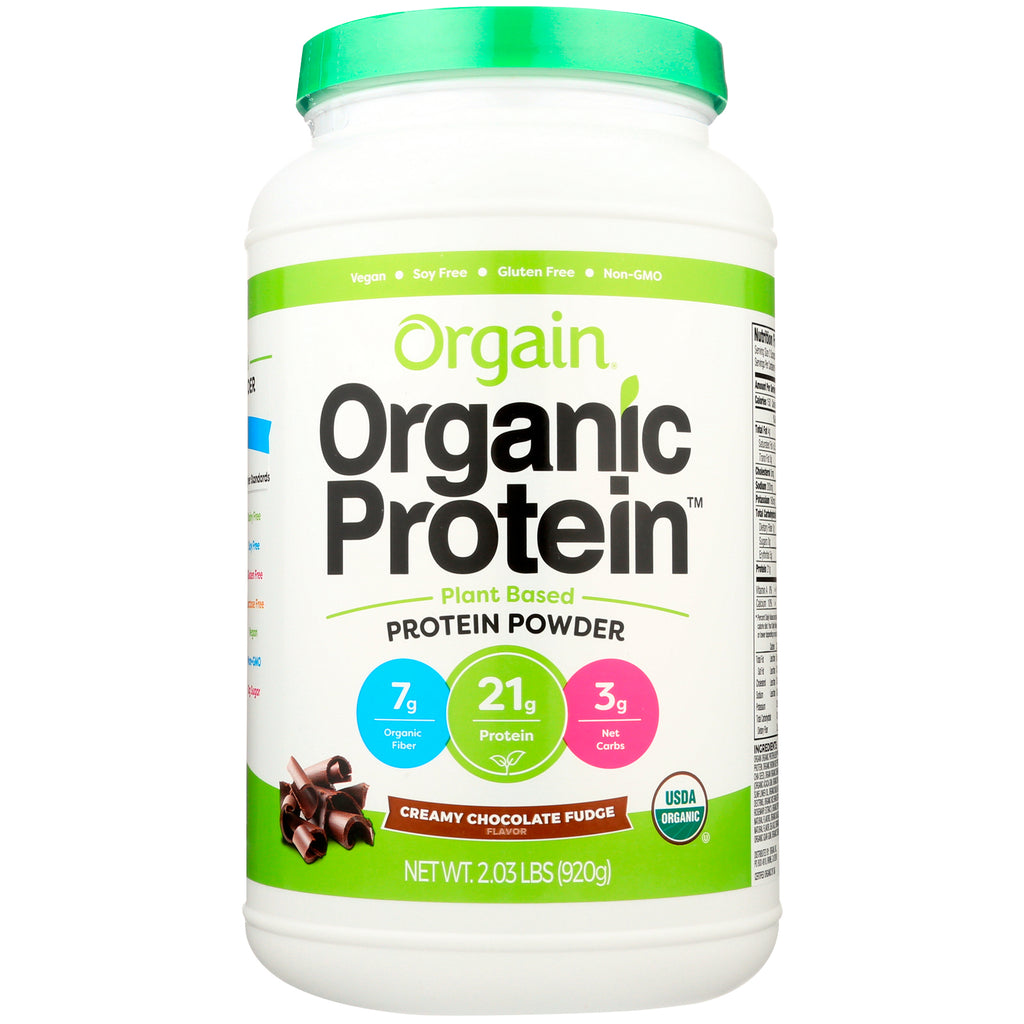 Orgain, ผงโปรตีน, จากพืช, ครีมช็อกโกแลตฟัดจ์, 2.03 lbs (920 g)