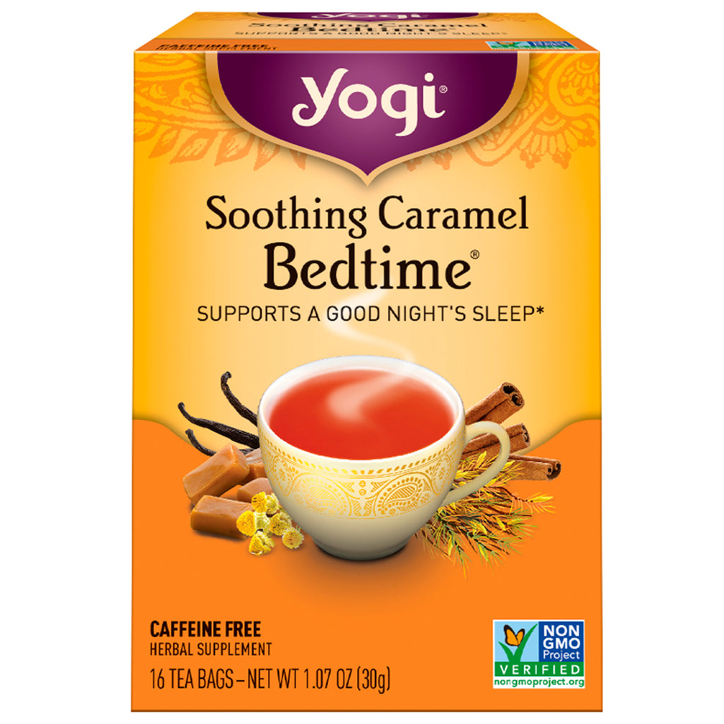 Yogi-te, beroligende karamel sengetid, koffeinfri, 16 teposer, 1,07 oz (30 g)