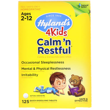 Hyland's, 4 Kids, Calm' n Restful, edades 2-12, 125 tabletas de disolución rápida