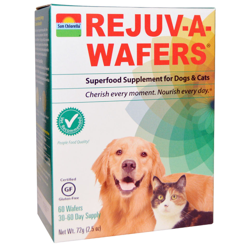 Sun Chlorella, Rejuv-A-Wafers, อาหารเสริมซุปเปอร์ฟู้ดสำหรับสุนัขและแมว, เวเฟอร์ 60 ชิ้น