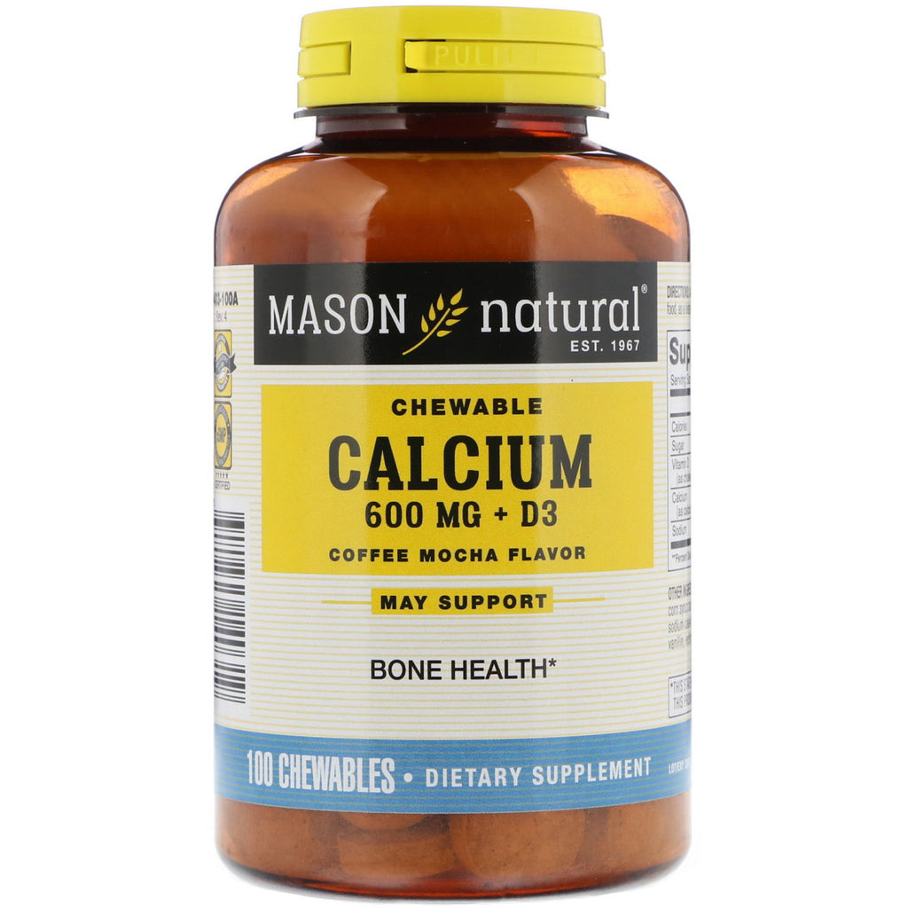 Mason Natural, kalsium + D3, tyggbart, kaffemokkasmak, 600 mg, 100 tyggevarer