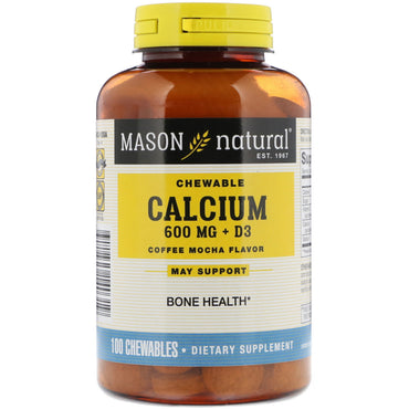 Mason Natural, Calcium + D3, tygbart, kaffemokkasmag, 600 mg, 100 tyggevarer