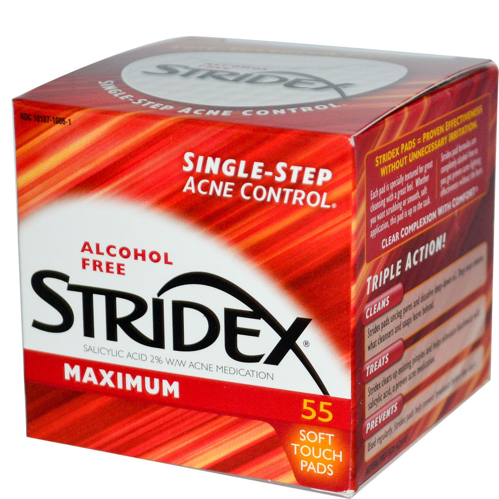 Stridex, enstegs aknekontroll, maximal, alkoholfri, 55 mjuka pekplattor
