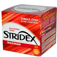 Stridex, control del acné en un solo paso, máximo, sin alcohol, 55 almohadillas suaves al tacto