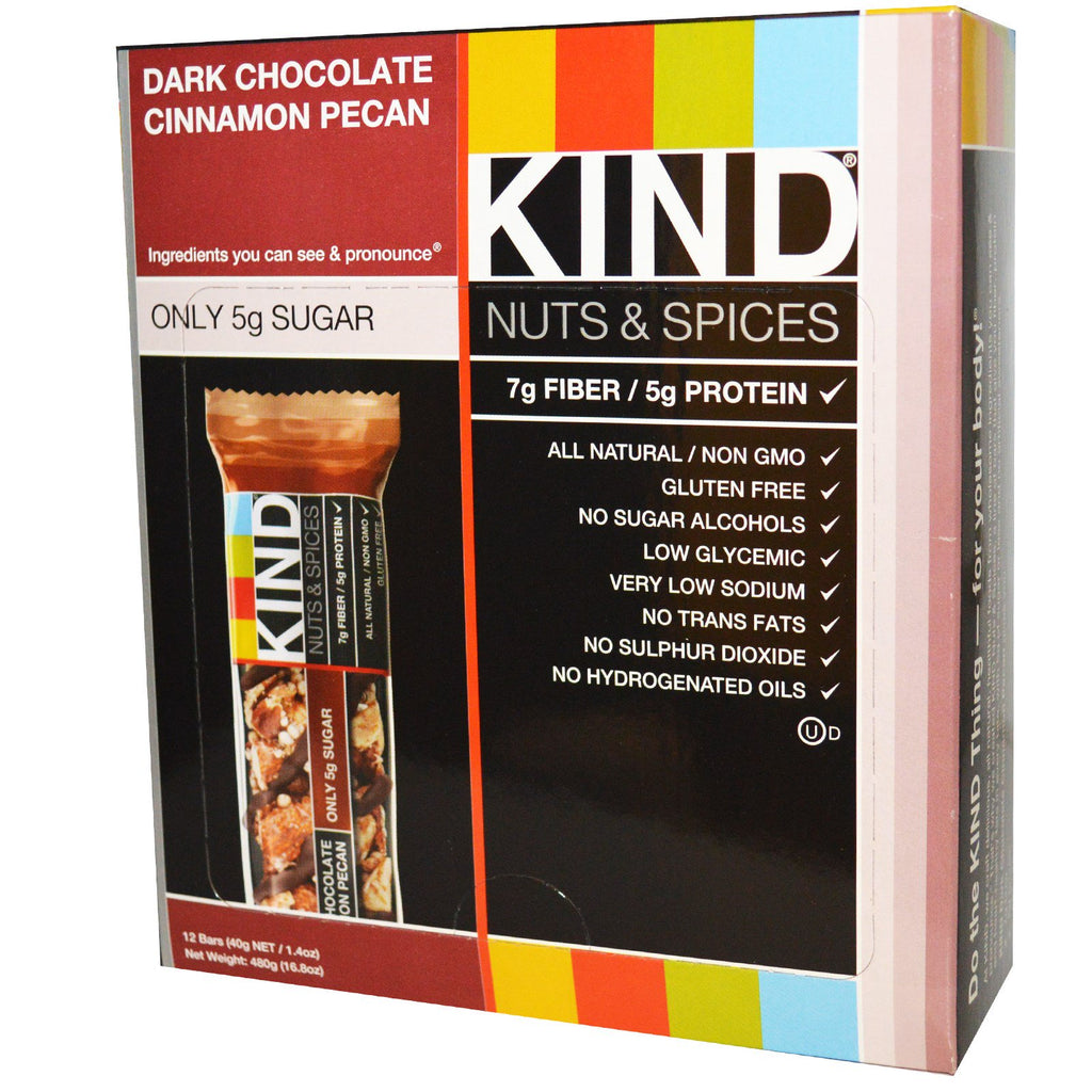 KIND Bars, Nuts & Spices, Dark Chocolate Cinnamon Pecan, 12 Bars, 1.4 oz (40 g)