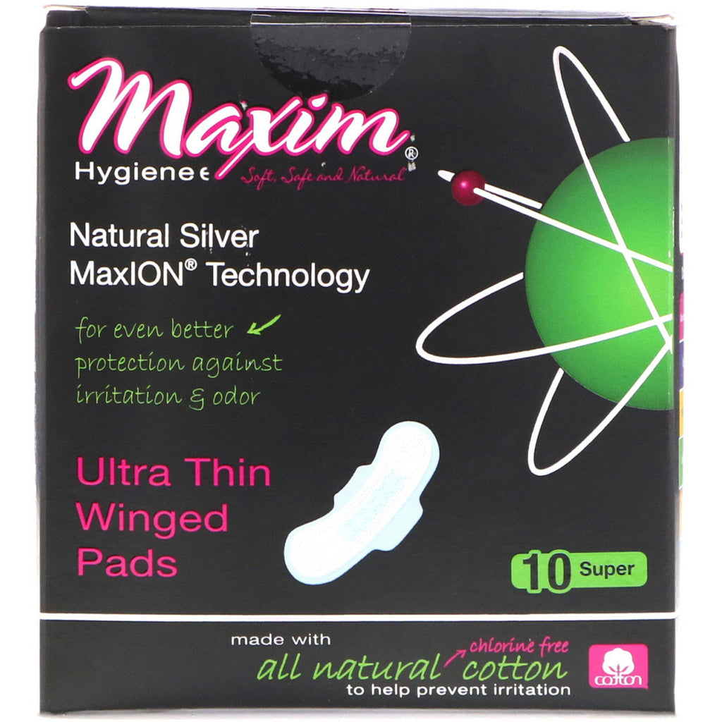 Maxim hygiëneproducten, ultradunne gevleugelde pads, natuurlijke zilveren maxion-technologie, super, 10 pads