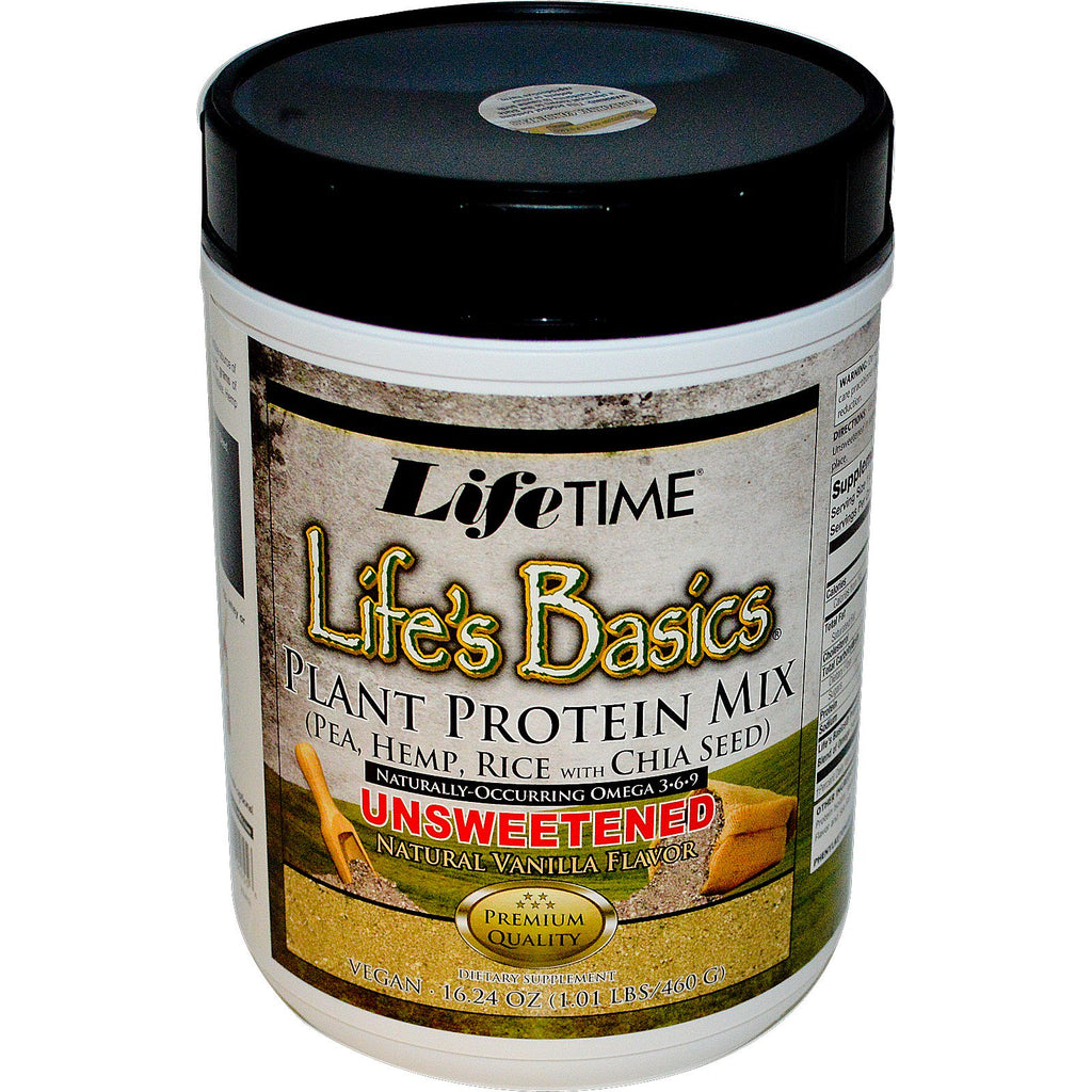 Life Time, Life's Basics, Plant Protein Mix, Unsweetened, Natural Vanilla Flavor, 16.24 oz (460 g)