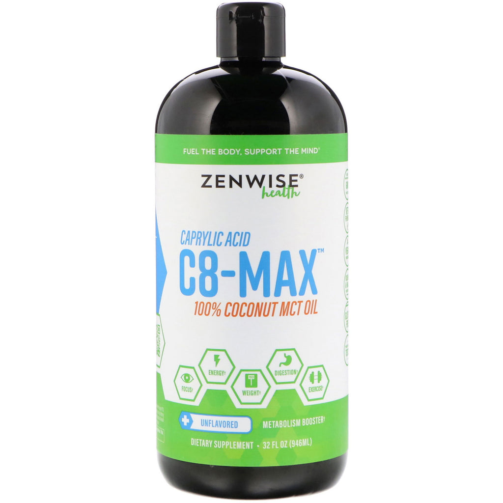 Zenwise Health, C8-MAX, Olej MCT z kwasem kaprylowym, Wspomagacz metabolizmu, Bezsmakowy, 32 uncje (946 ml)