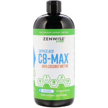 Zenwise Health, C8-MAX, aceite MCT de ácido caprílico, potenciador del metabolismo, sin sabor, 32 fl oz (946 ml)