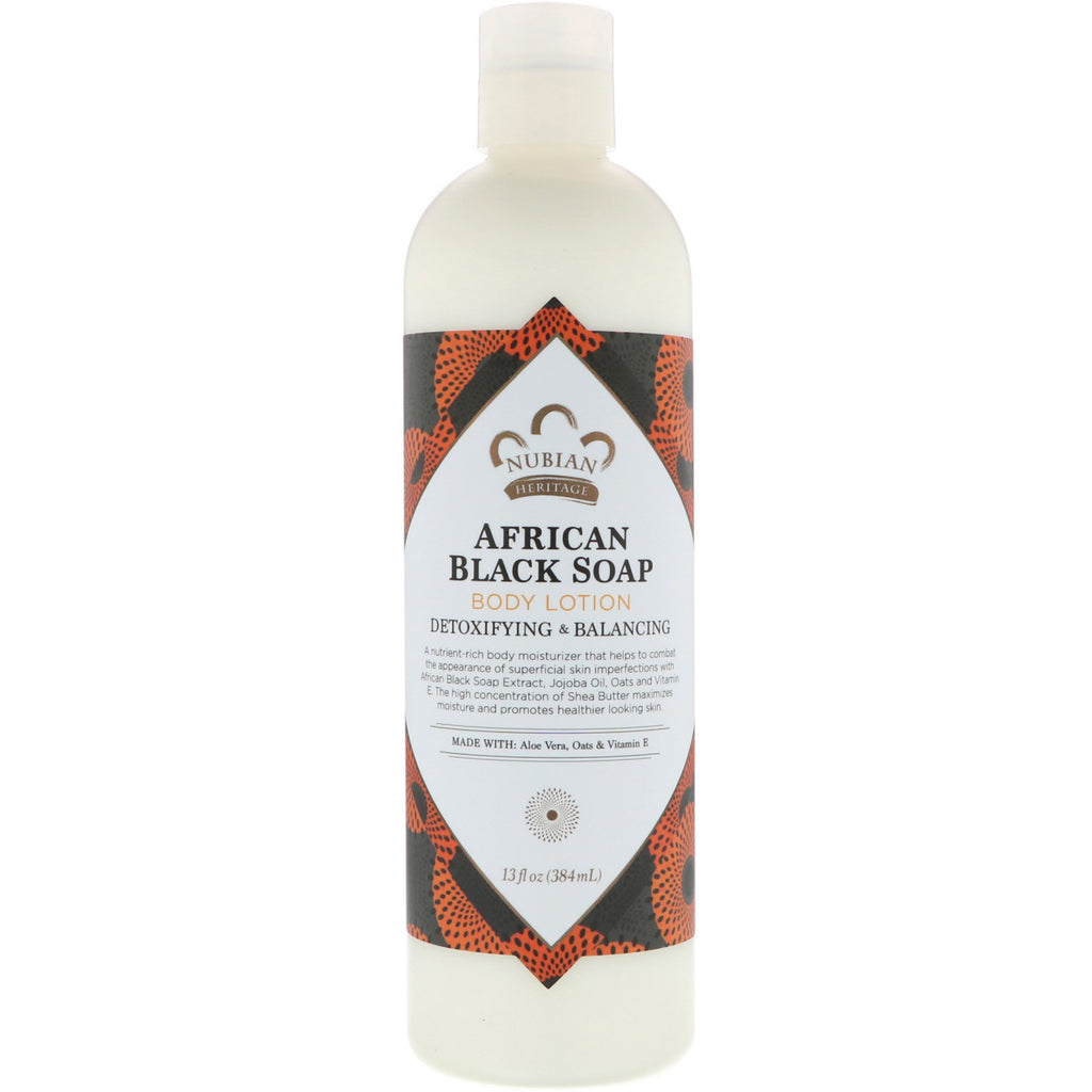 Nubian Heritage, bodylotion, Afrikaanse zwarte zeep, 13 fl oz (384 ml)