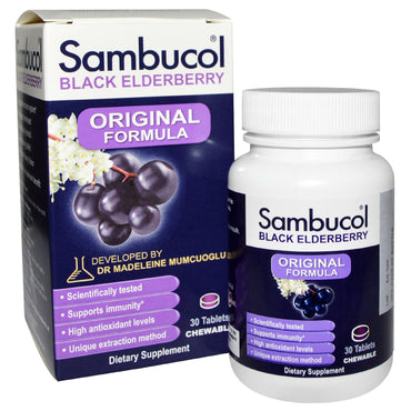 Sambucol, sort hyldebær, original formel, immunsystemstøtte, 30 tabletter, der kan tygges