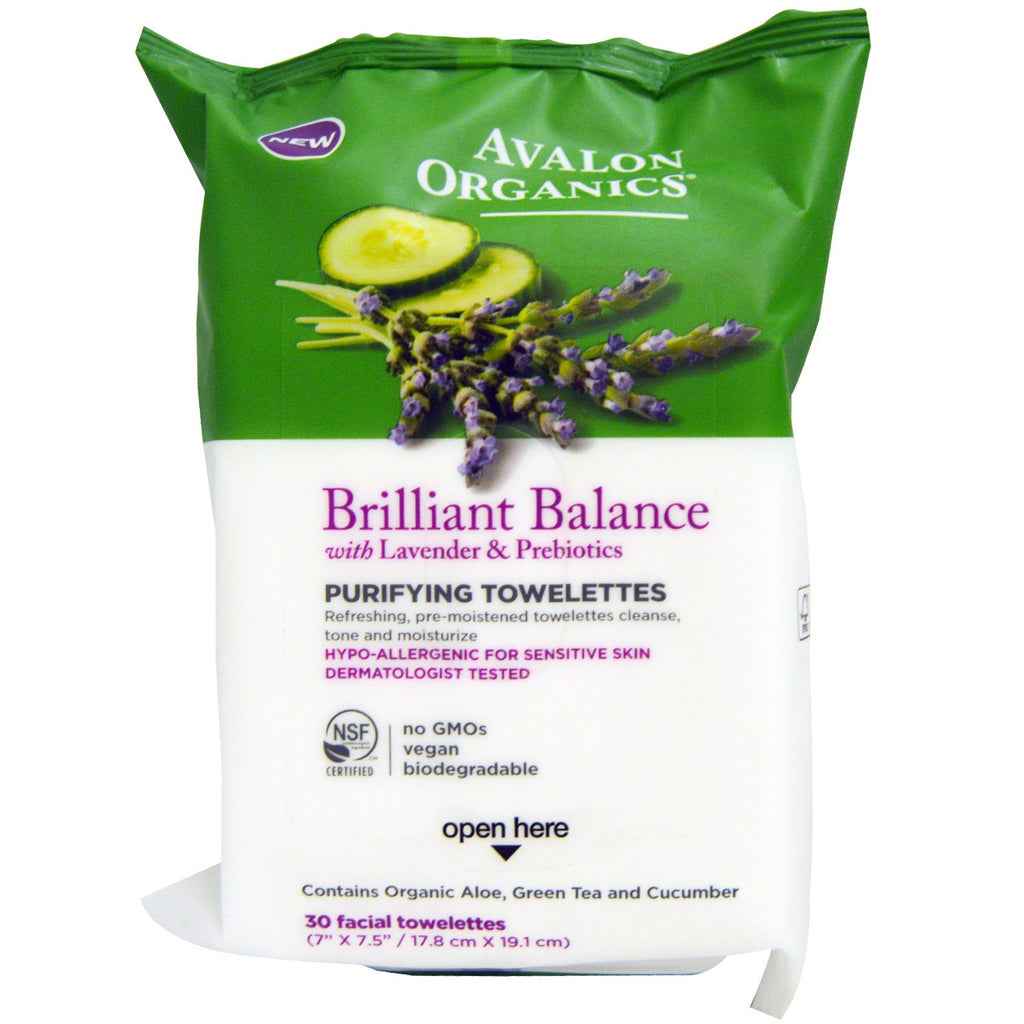 Avalon s, Brillilant Balance, With Lavender & Prebiotics, Purifying Towelettes, 30 Facial Towelettes