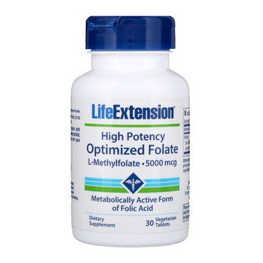 Life Extension、高効力に最適化された葉酸塩、5000 mcg、野菜タブレット 30 粒