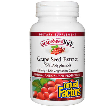 Natural Factors, GrapeSeedRich, Extrait de pépins de raisin, 100 mg, 120 gélules végétariennes