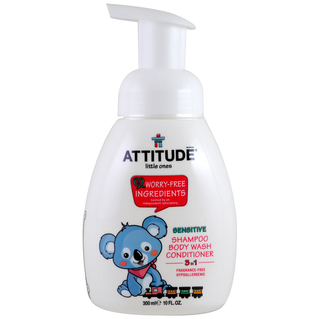 ATTITUDE, Little Ones, 3 in 1 Shampoo, Body Wash, Conditioner, Fragrance Free, 10 fl oz (300 ml)