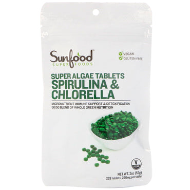 Sunfood, Spirulina i Chlorella, Tabletki Super Algi, 250 mg, 228 Tabletek