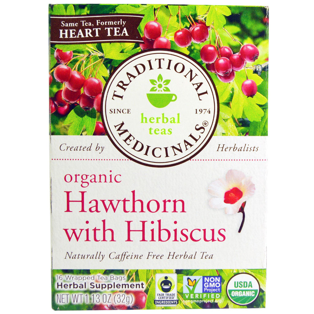 Tradisjonelle legemidler, urtete, hagtorn med hibiskus, naturlig koffeinfri urtete, 16 innpakkede teposer, 1,13 oz (32 g)
