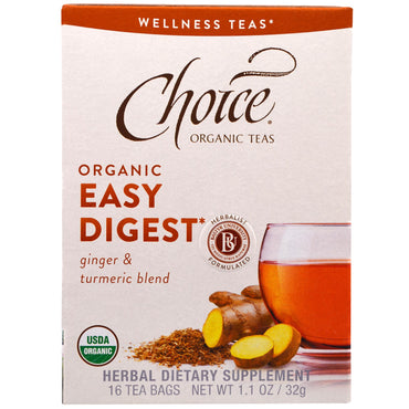 Choice Teas, Wellness Tea, , Easy Digest, ללא קפאין, 16 שקיות תה, 1.1 אונקיות (32 גרם)