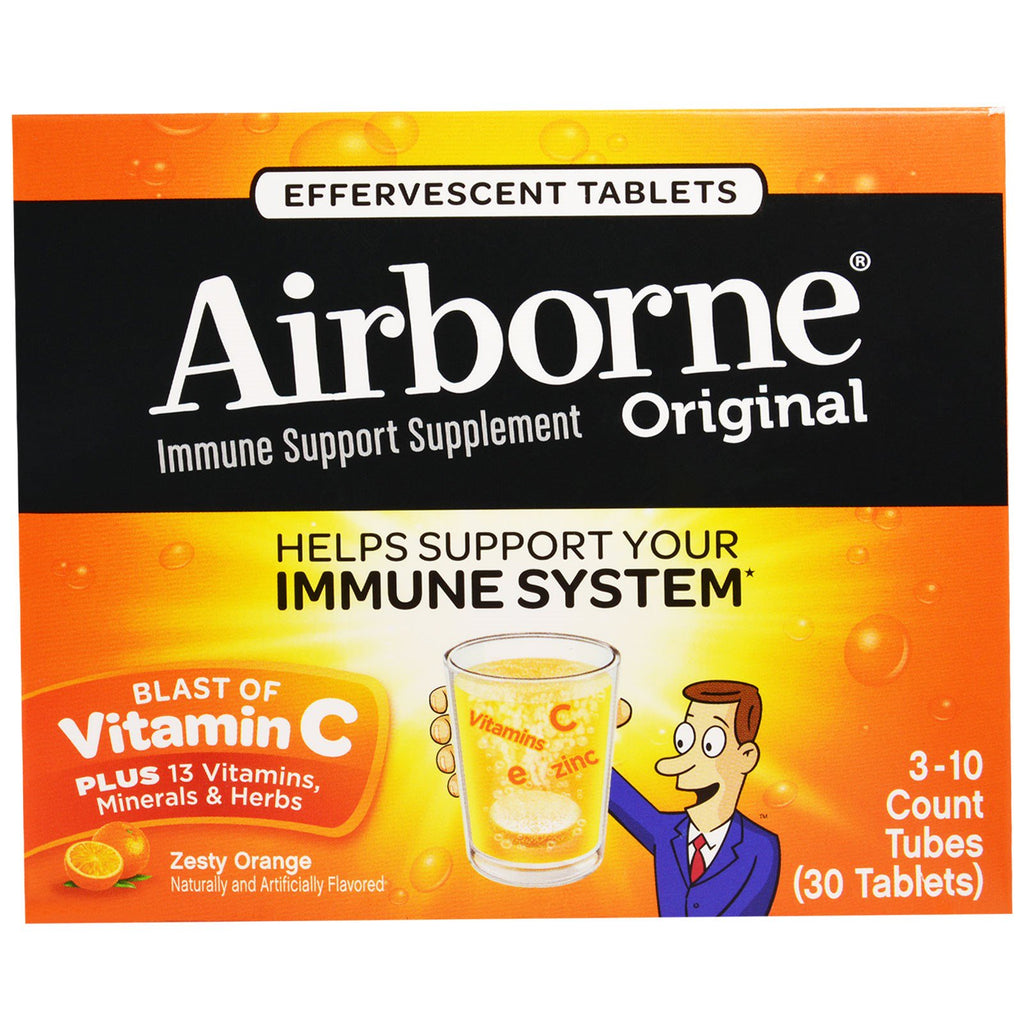 AirBorne, Original, Soutien immunitaire, Explosion de vitamine C, Orange piquante, 3 tubes, 10 comprimés effervescents chacun