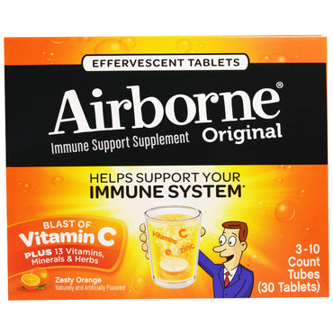 Airborne, original, immunstøtte, eksplosjon av vitamin C, Zesty Orange, 3 rør, 10 brusetabletter hver