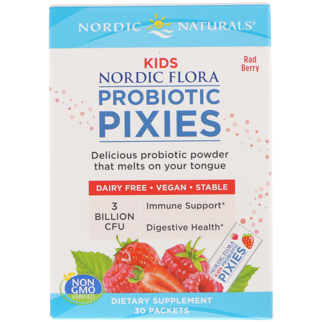 Nordic naturals, nordiska flora kids, probiotiska pixies, radbär, 3 miljarder cfu, 30 paket