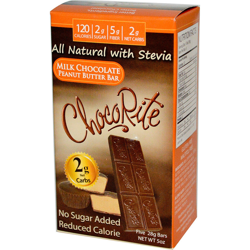 HealthSmart Foods, Inc., ChocoRite, barra de chocolate con leche y mantequilla de maní, 5 barras (28 g) cada una